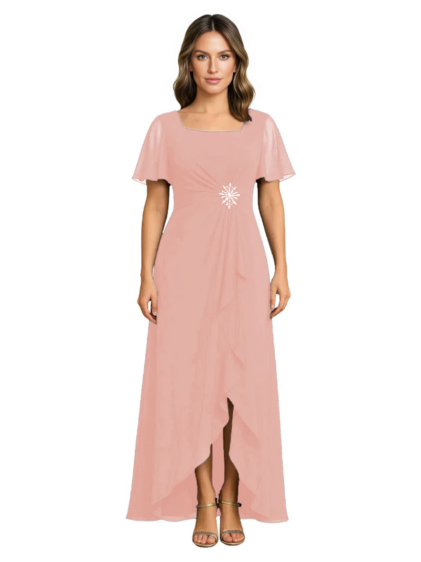 Formal High-Low Mother of the Bride Gown Sleeved Chiffon Maxi Dress Ruched Waist