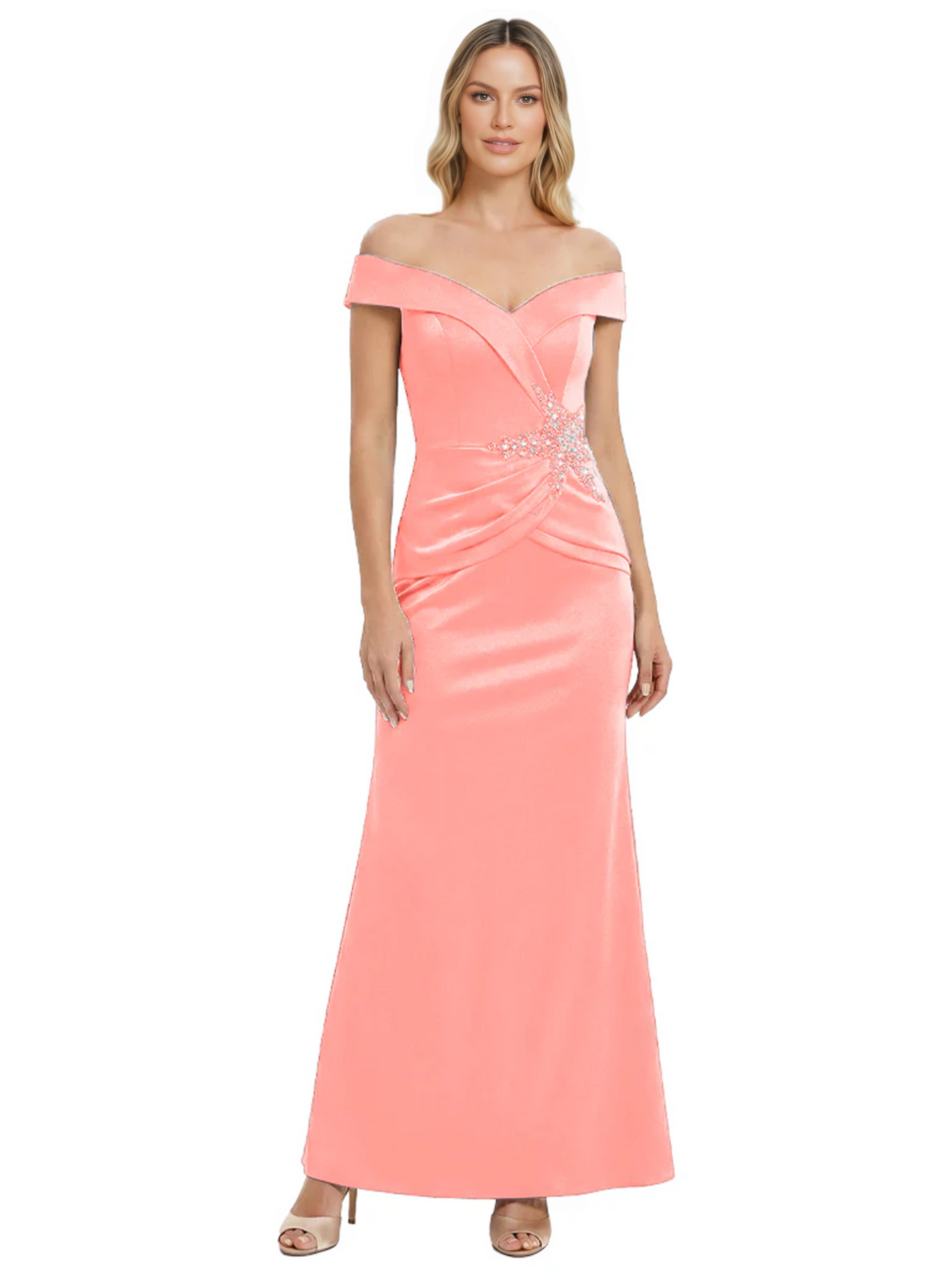 Off Shoulder Mother of the Bride Dress Beaded Waist Satin Gown Portrait Neckline