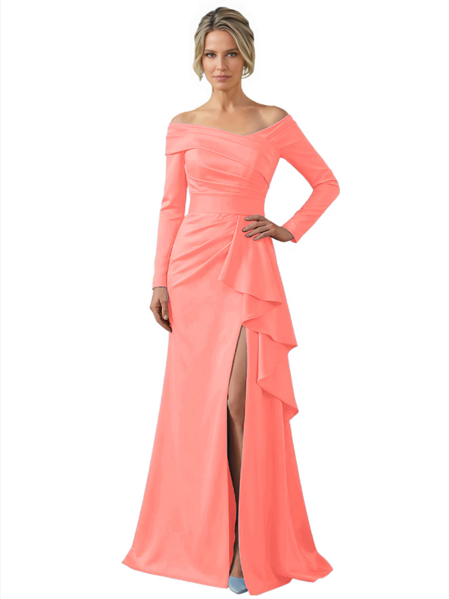 Elegant Mother of the Groom Dress Cascading Ruffle Satin Gown with High Slit Long Sleeves
