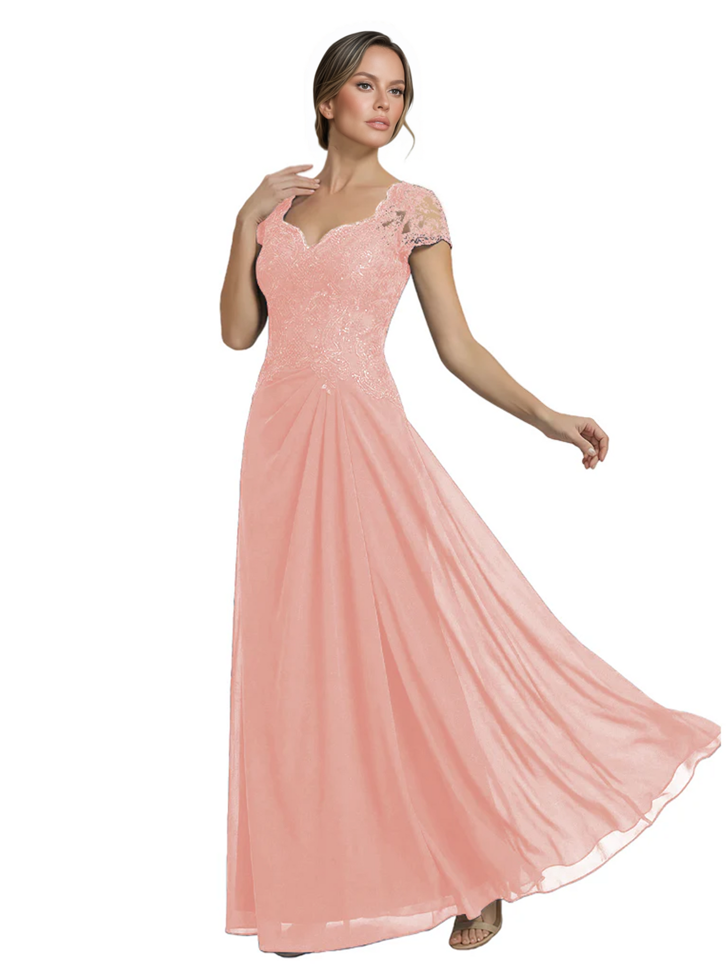 Long A-line Chiffon Short Sleeves Mother of the Brides Dresses Lace Wedding