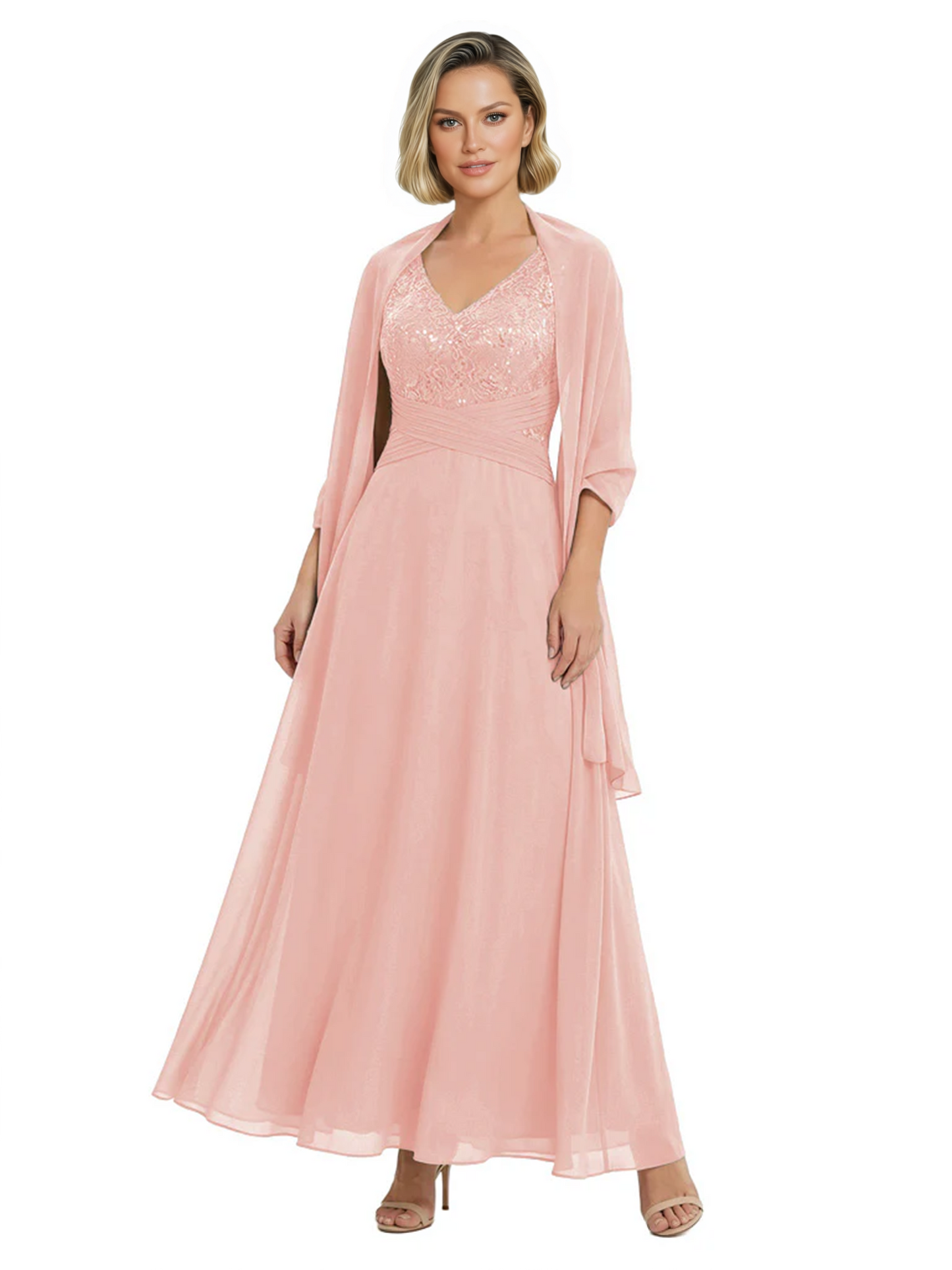 Luxury Formal Mother of Bride Dress Sparkling Sequin Top & Flowy Chiffon Skirt with Shawl