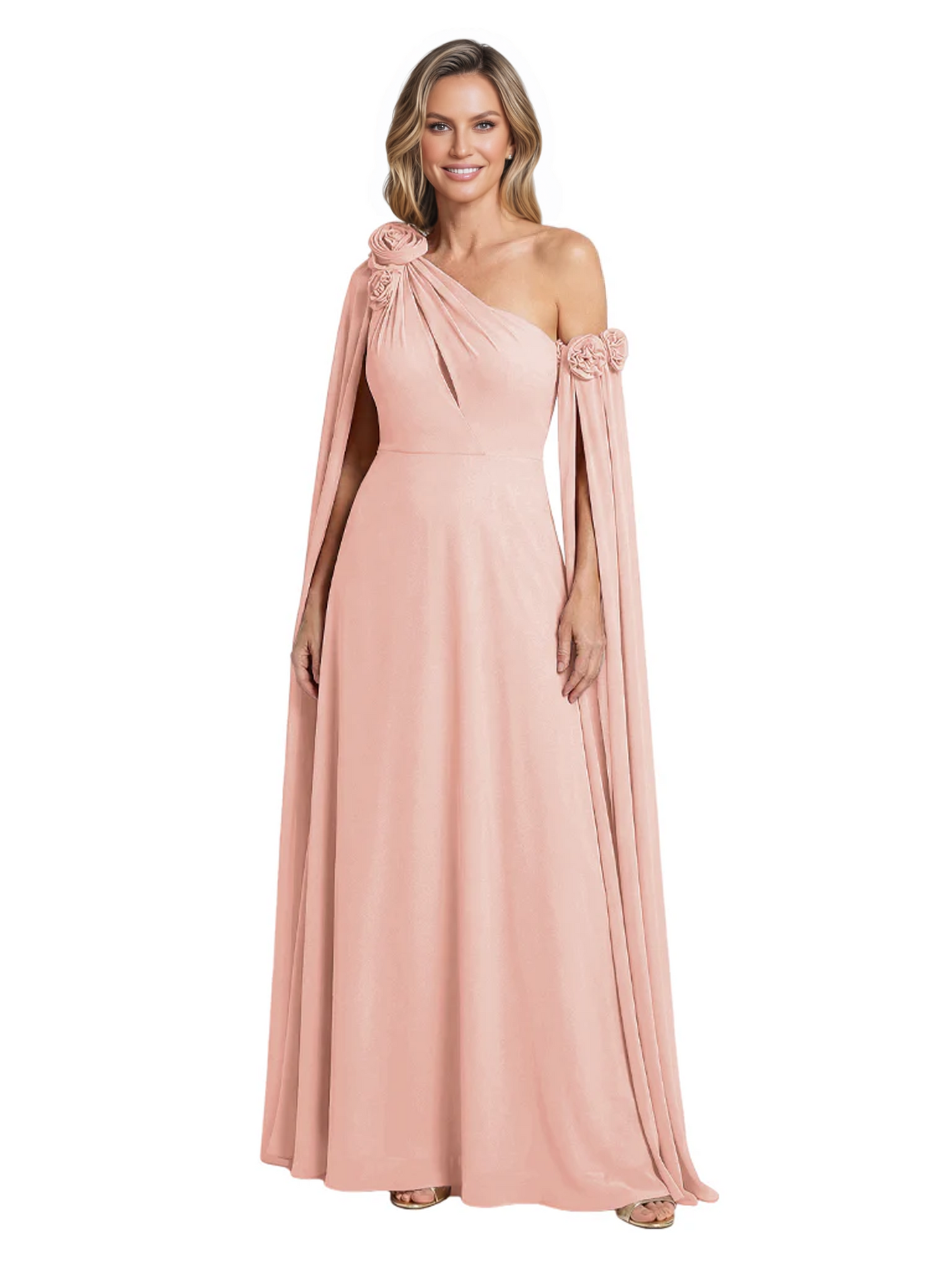 One Shoulder Mother of the Bride Dress Asymmetrical Cape Sleeve Gown with Floral