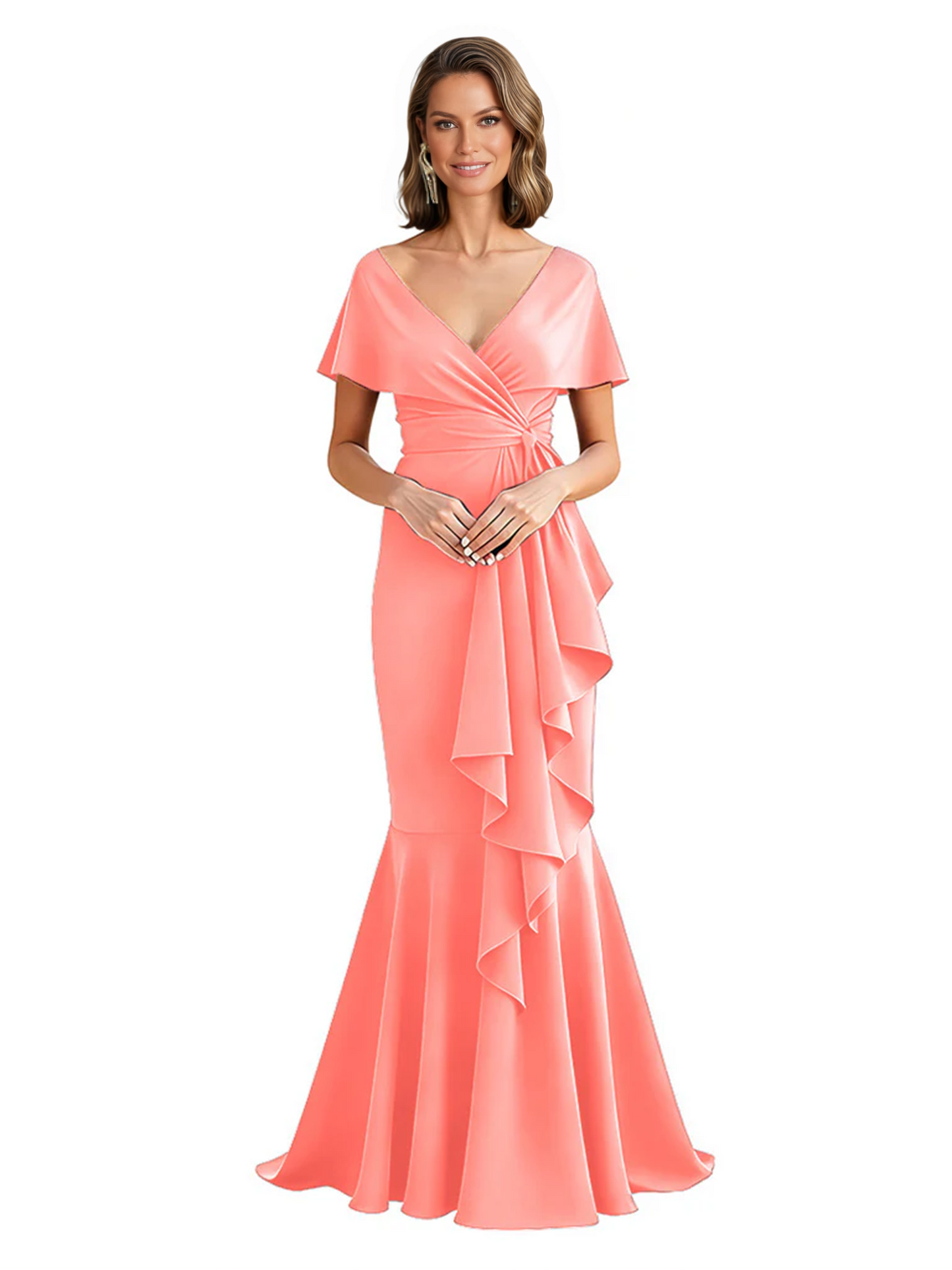 Satin Mother of the Bride Dress with Cascading Ruffles and Mermaid Tail V-Neck