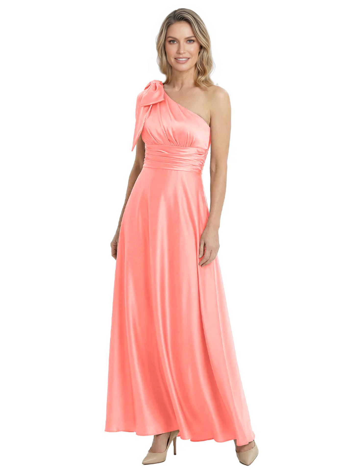 One-Shoulder Mother of the Bride Dress Satin Gown with Bow Ruched Empire Waist