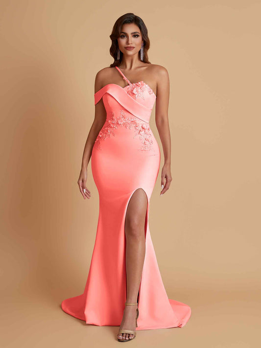 Sexy Soft Satin Mermaid One Shoulder Asymmetrical Side Slit Floor-Length Bridesmaid Dresses