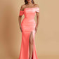 Elegant Soft Satin Mermaid Off Shoulder Asymmetrical Side Slit Floor-Length Bridesmaid Dresses