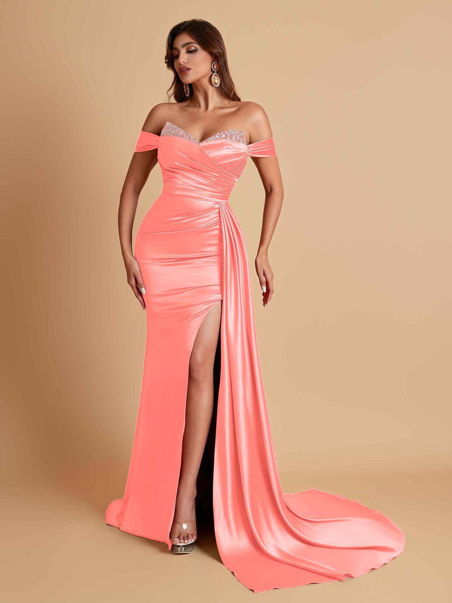 Gorgeous Soft Satin V-neck Off-the-Shoulder Side-Slit Mermaid Bridesmaid Dresses