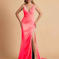 Elegant Satin Spaghetti Straps V-Neck Mermaid Side Slit Floor Length Bridesmaid Dresses