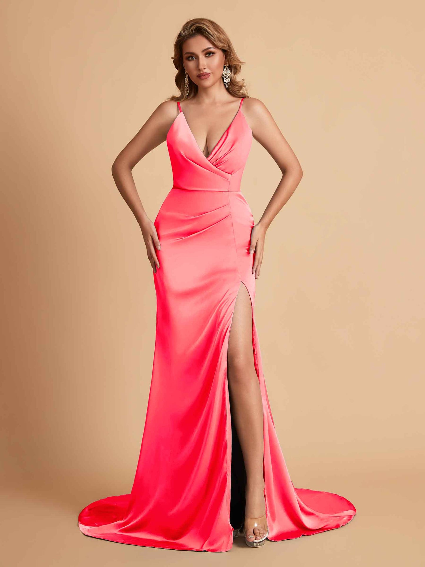 Elegant Satin Spaghetti Straps V-Neck Mermaid Side Slit Floor Length Bridesmaid Dresses