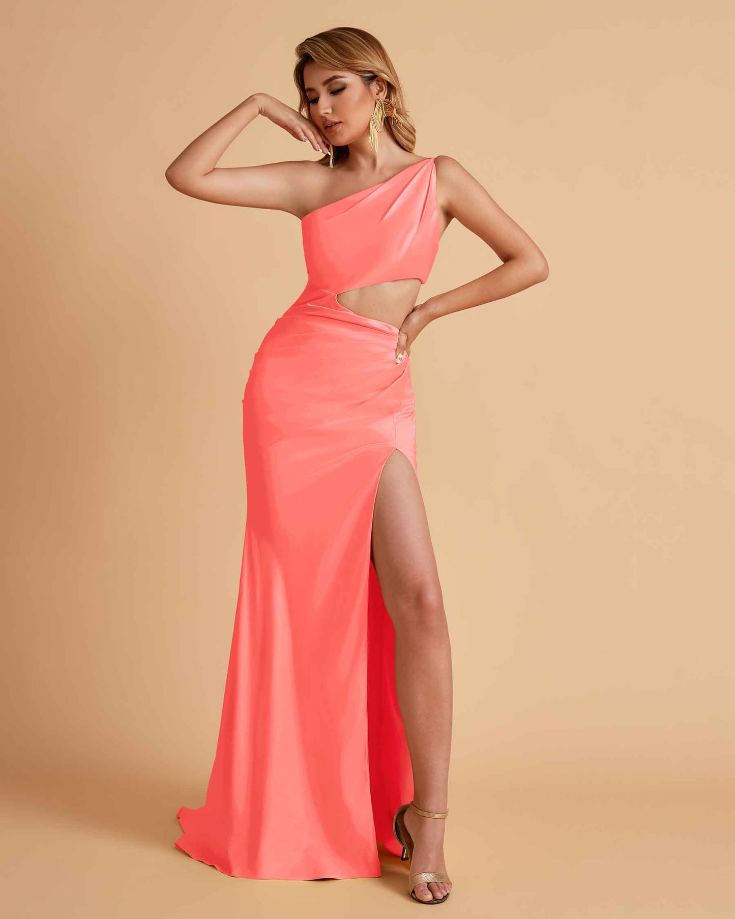 Sexy One-Shoulder Waist Cutout With High Split Floor-Length Bridesmaid Dresses