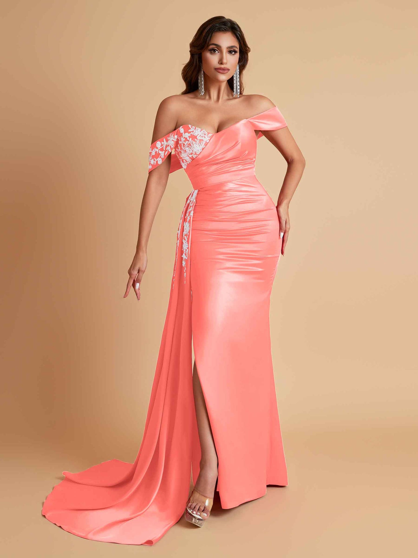 Elegant Soft Satin Mermaid Off Shoulder Floor-Length Mermaid Bridesmaid Dresses