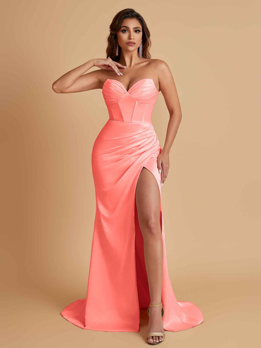 Elegant Soft Satin Mermaid V-neck Side Slit Floor-Length Bridesmaid Dresses Online