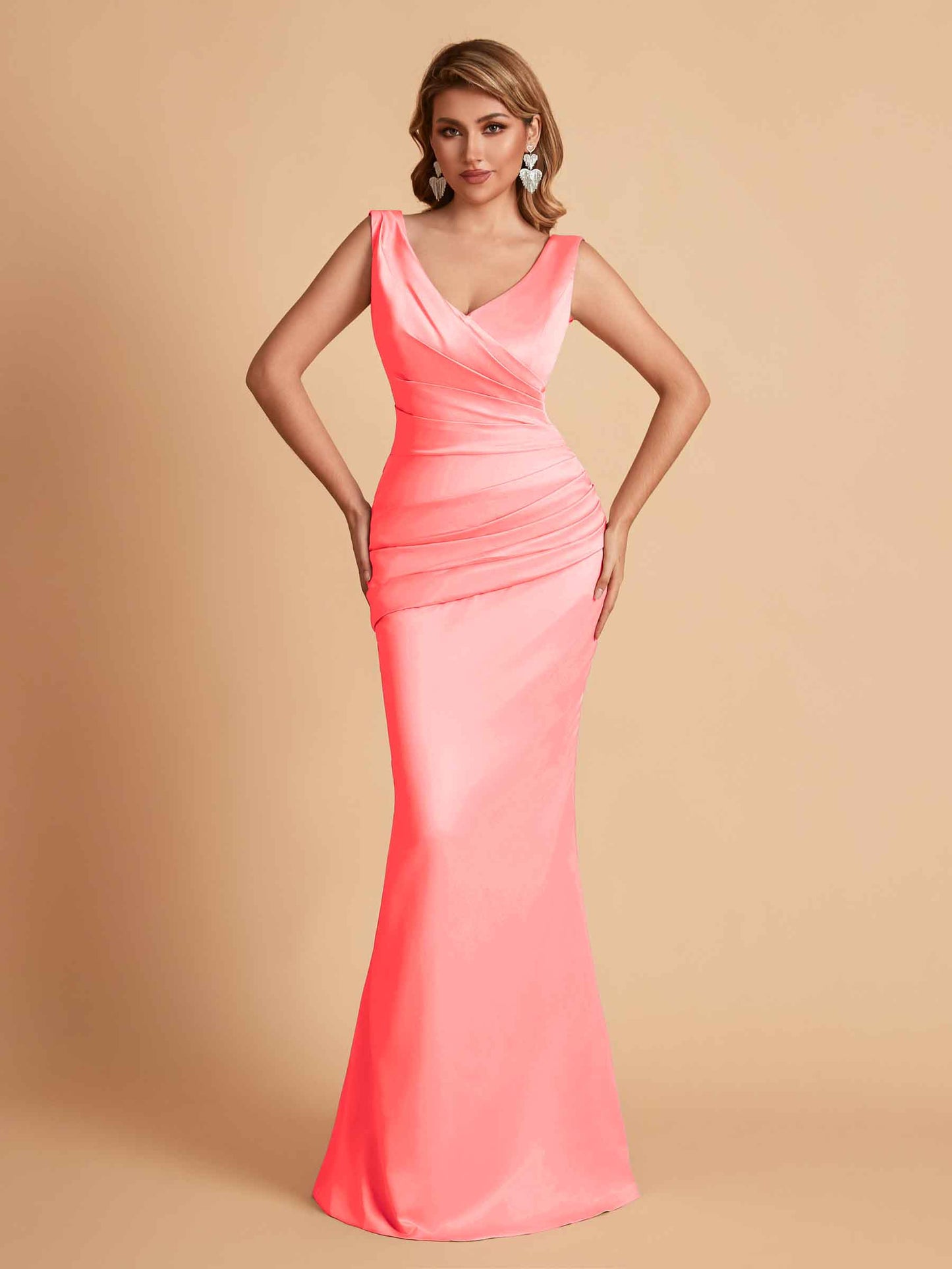 Elegant Satin V-neck Sleeveless Mermaid Floor Length Bridesmaid Dresses