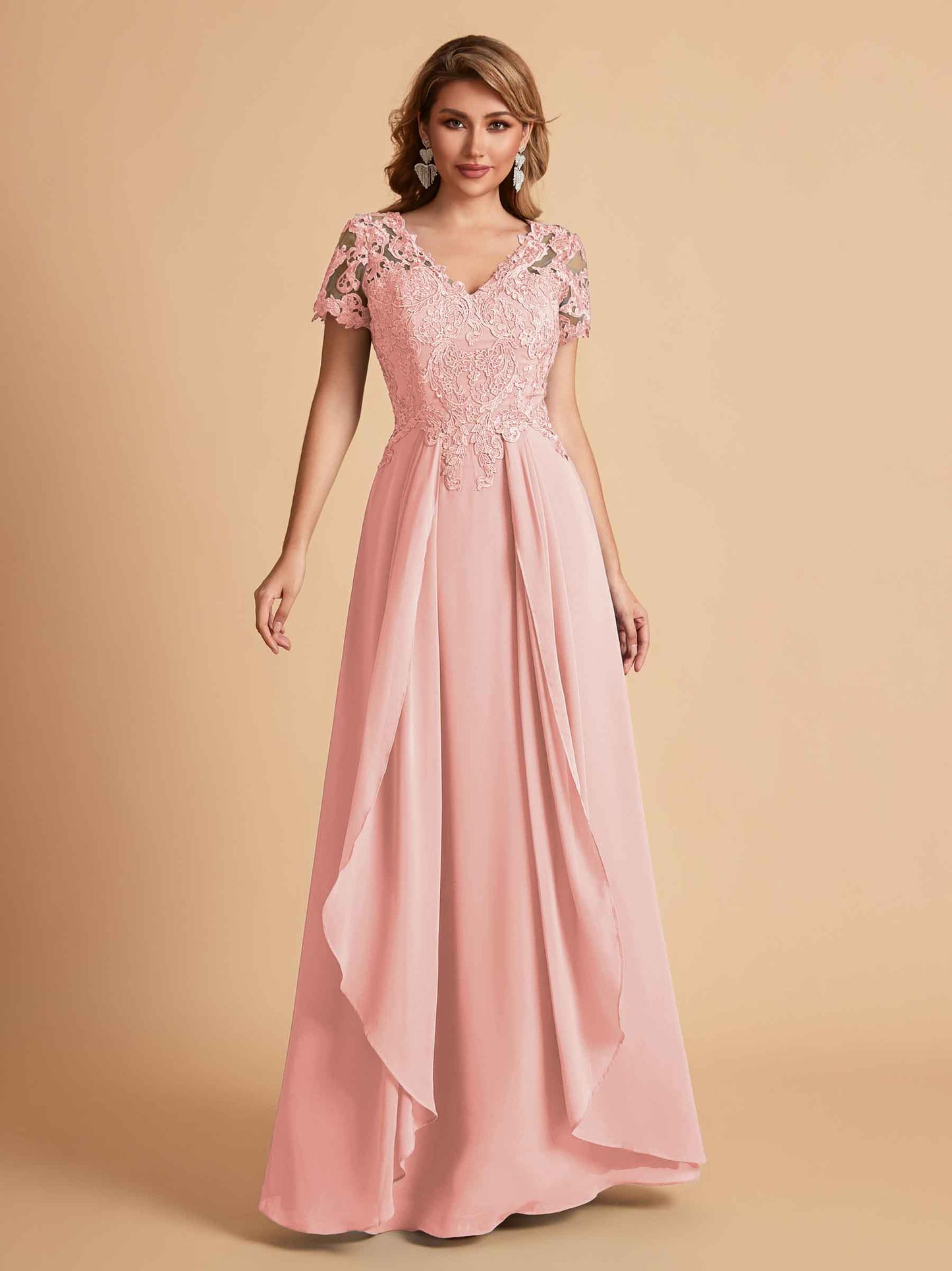 Elegant A-Line Chiffon Short Sleeves V-neck Mother of the Brides Dresses Lace Top MOB Dresses