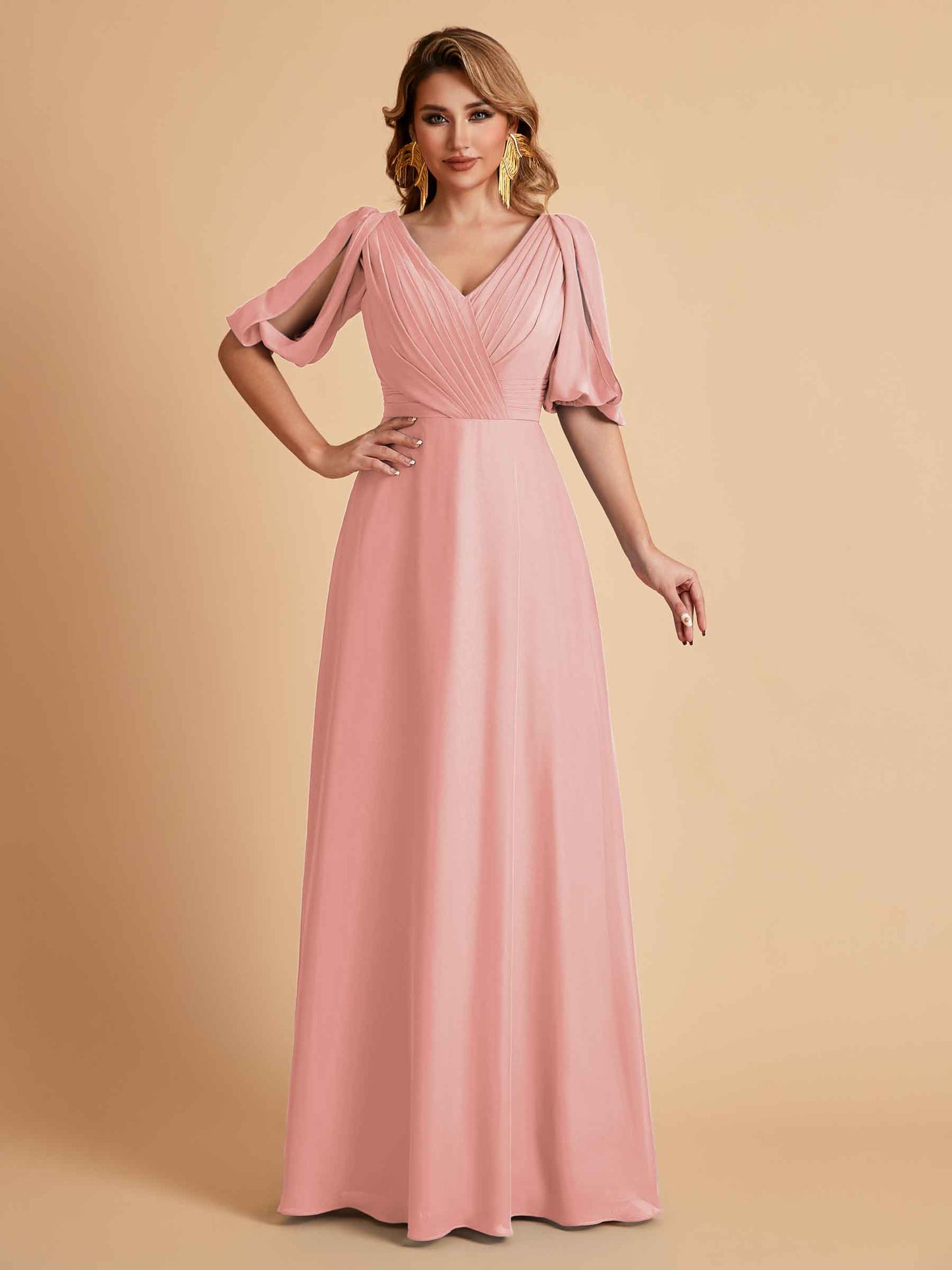 Elegant A-Line Chiffon Half Sleeves V-Neck Mother of the Brides Dresses Online