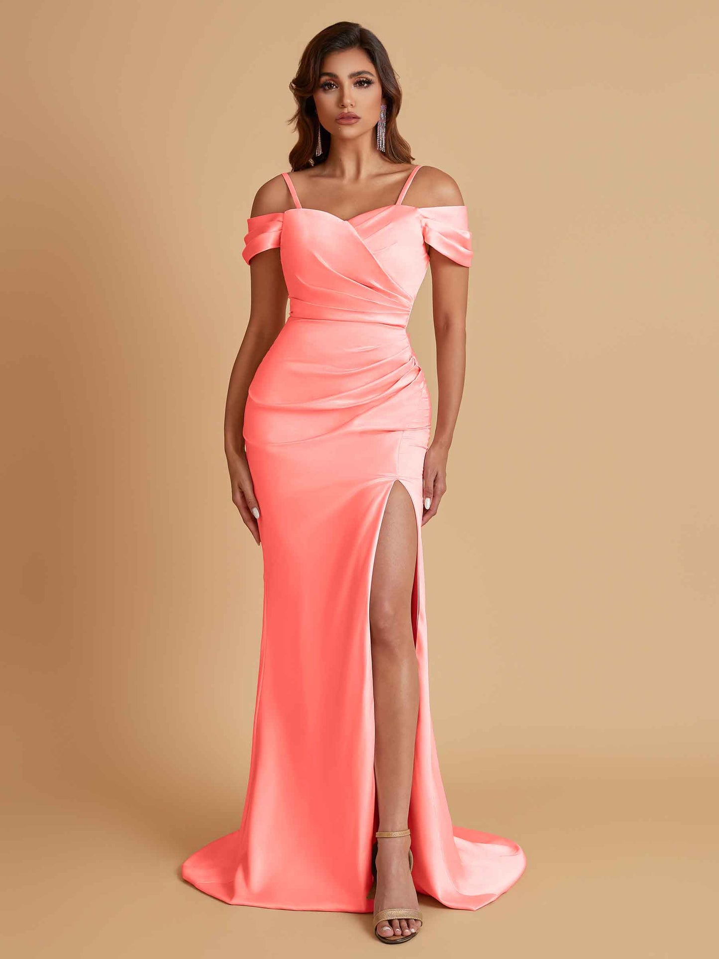 Sexy Soft Satin Mermaid Cold Shoulder Side Slit Floor-Length Bridesmaid Dresses Online