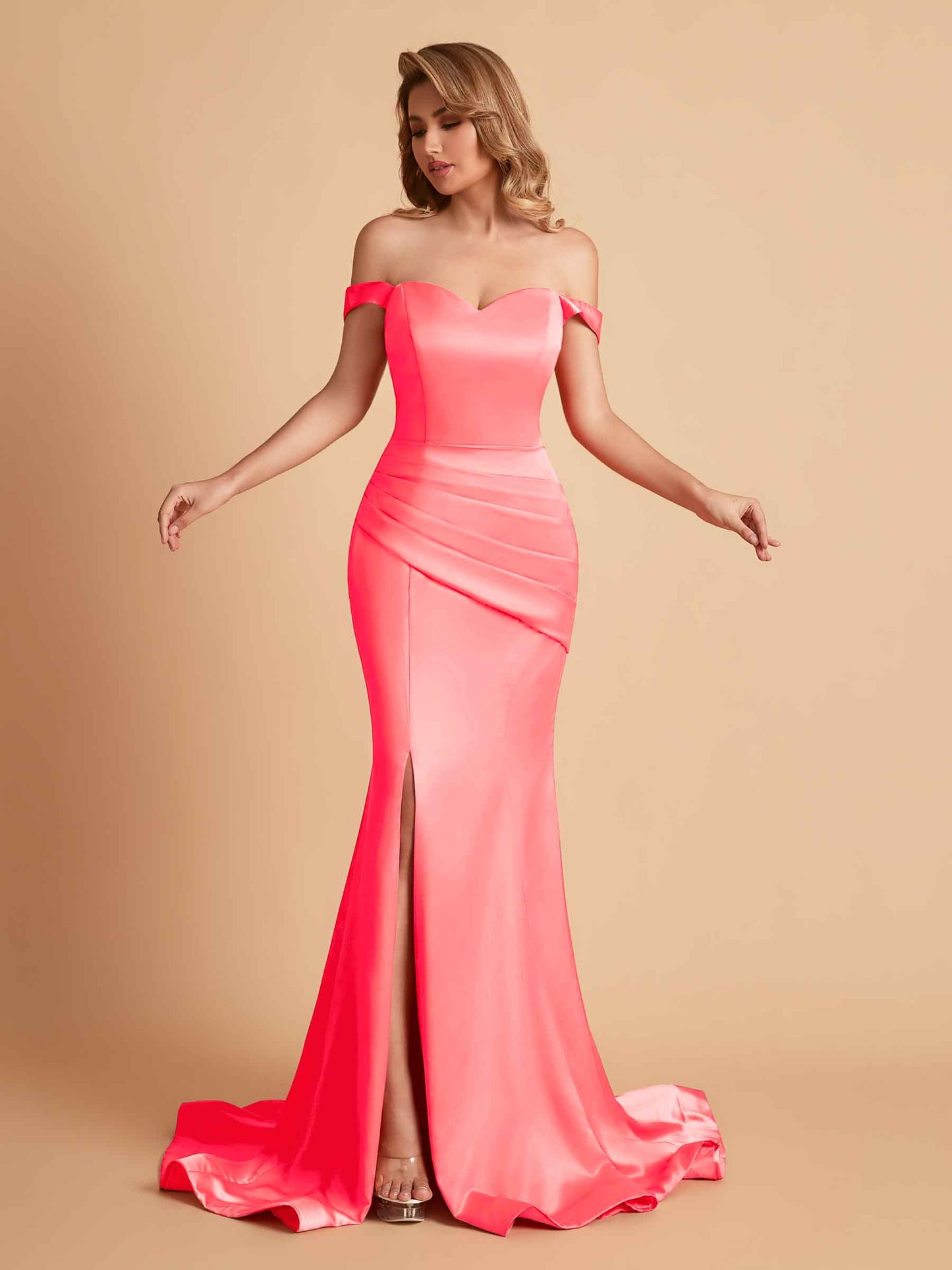 Elegant Satin Off the Shoulder Mermaid Side Slit Floor Length Bridesmaid Dresses