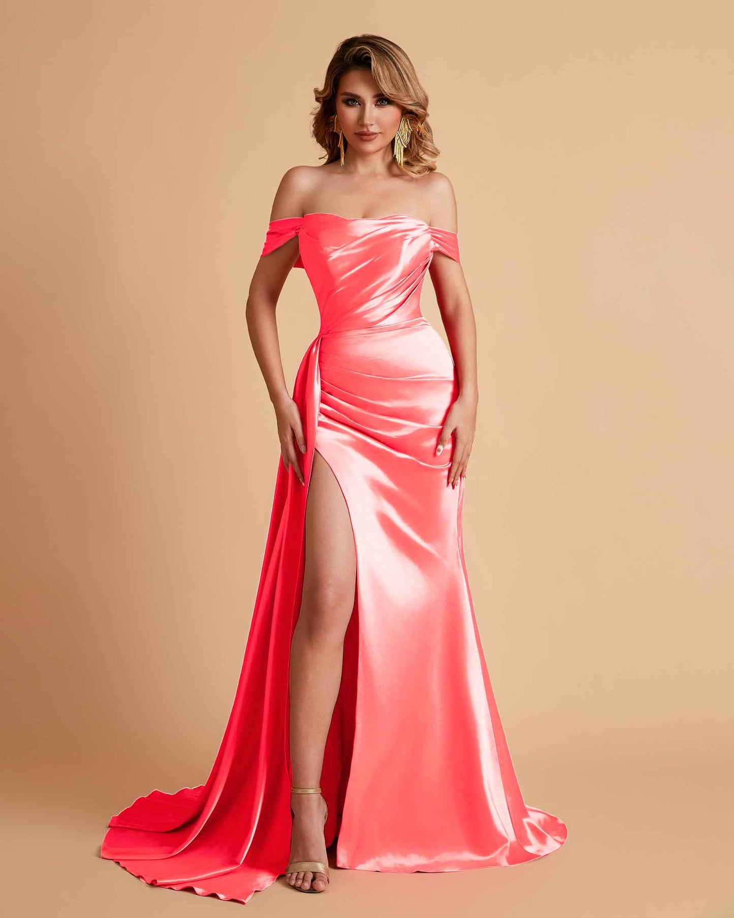 Satin Mermaid Off Shoulder Bridesmaid Dresses Sweetheart Floor Length with Train