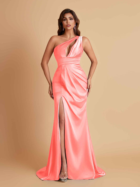 Sexy One Shoulder Soft Satin Side Slit Floor-Length Mermaid Bridesmaid Dresses
