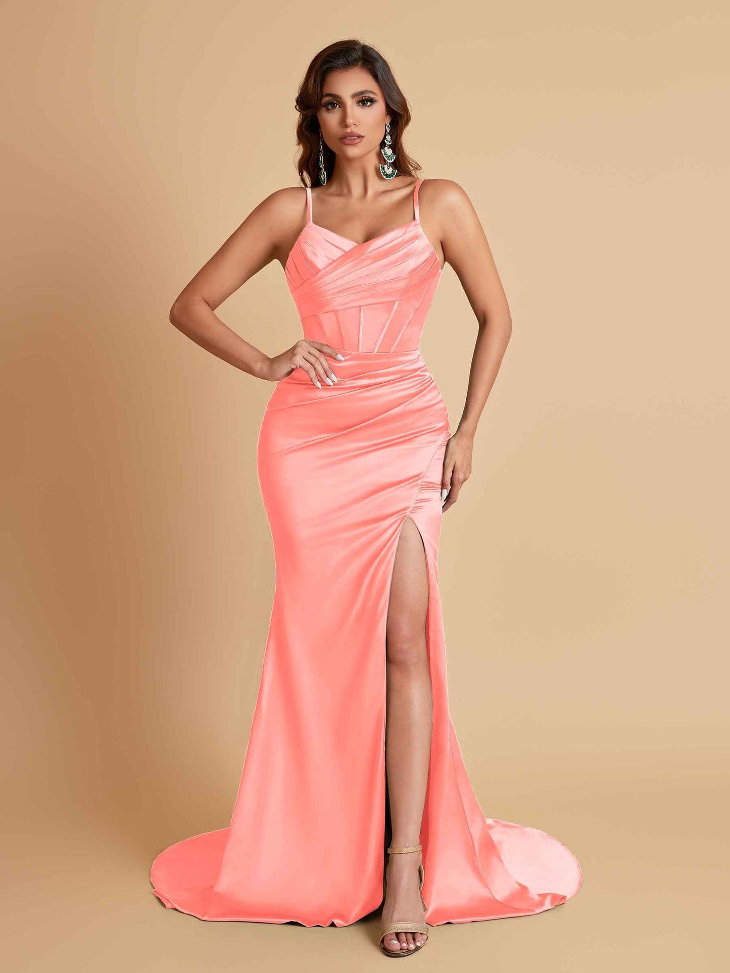 Sexy Spaghetti Straps V Neck Soft Satin Side Slit Floor-Length Mermaid Bridesmaid Dresses