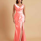 Elegant V Neck Soft Satin Side Slit Floor-Length Mermaid Bridesmaid Dresses