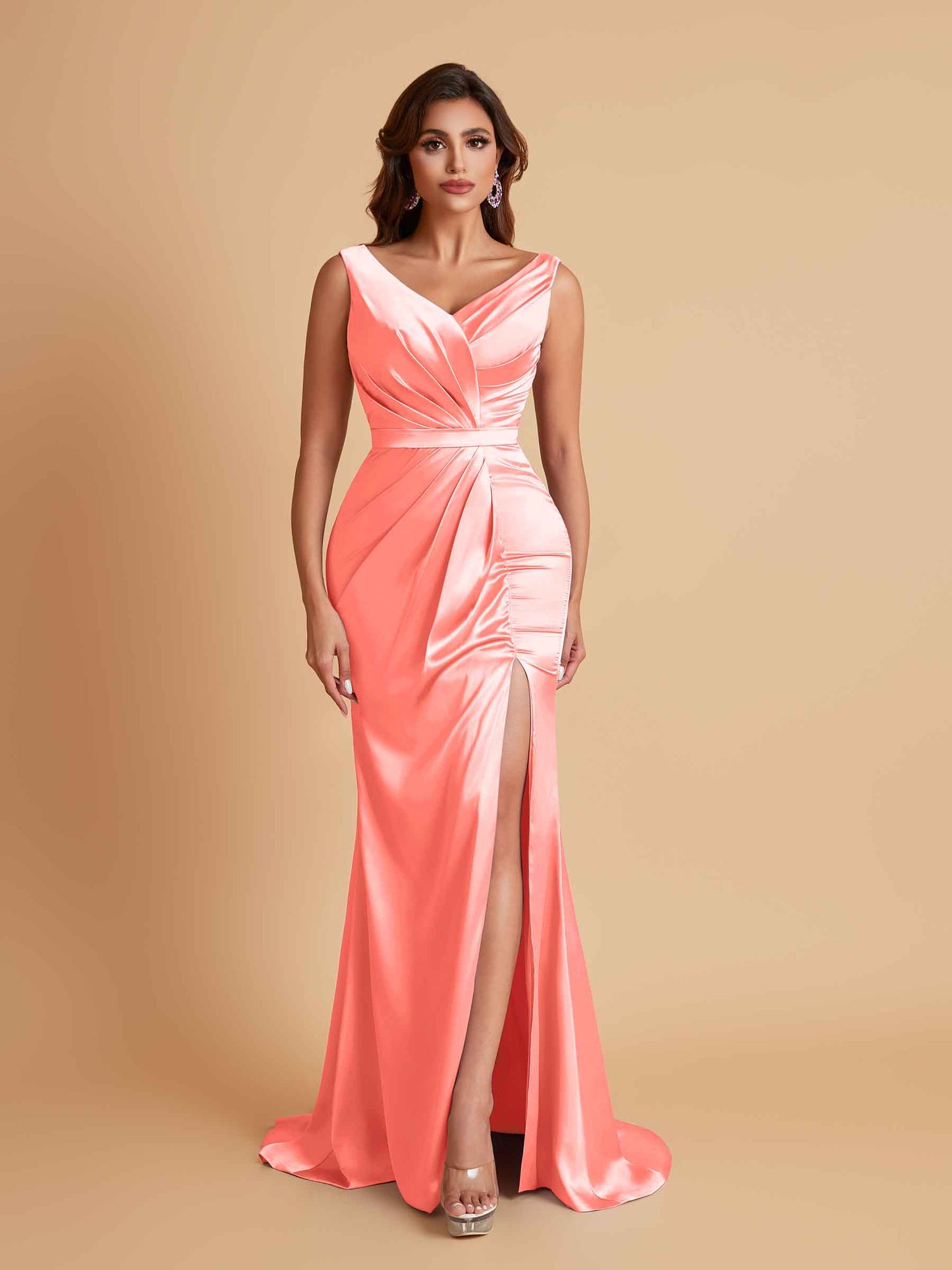 Elegant V Neck Soft Satin Side Slit Floor-Length Mermaid Bridesmaid Dresses