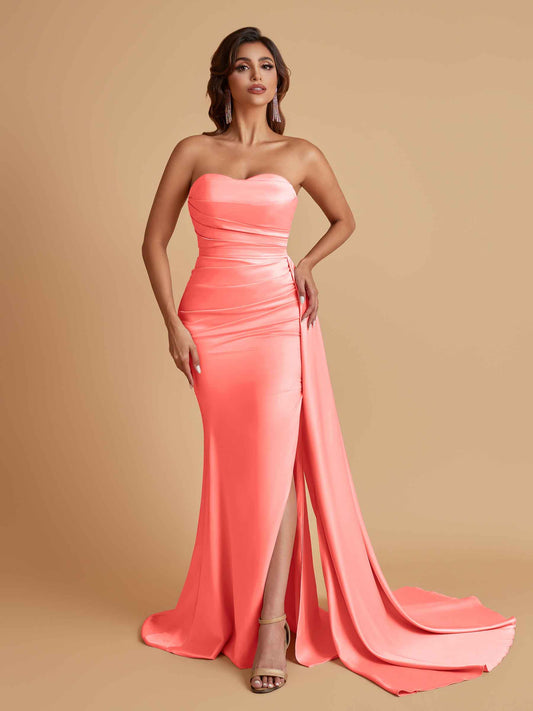 Simple Soft Satin Mermaid Strapless Floor-Length Mermaid Bridesmaid Dresses