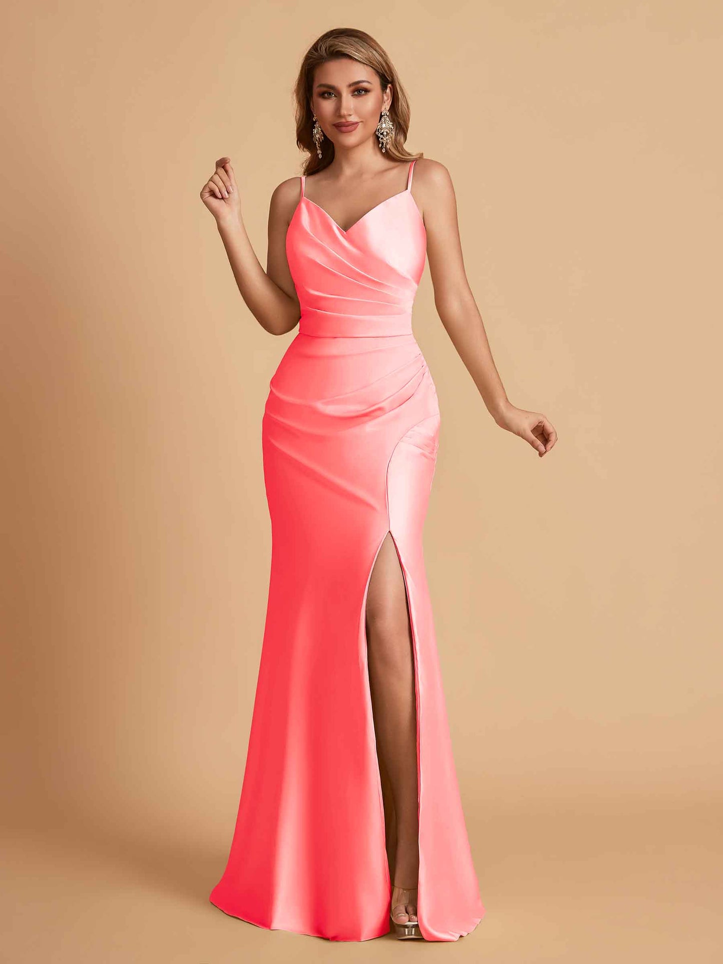 Elegant Satin Spaghetti Straps Mermaid Side Slit Floor Length Bridesmaid Dresses