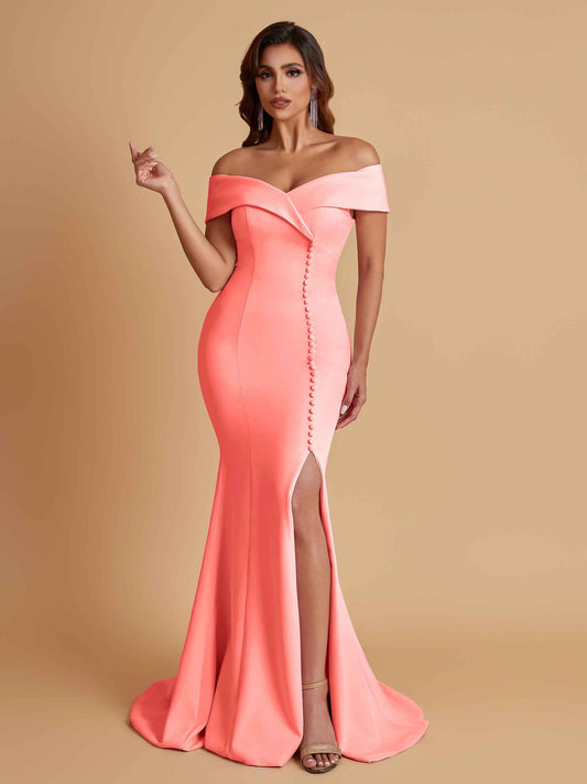 Elegant Soft Satin Mermaid Off Shoulder Side Slit Floor-Length Bridesmaid Dresses