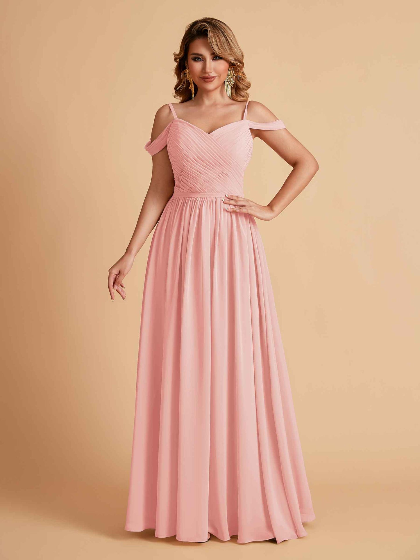 Elegant A-line Chiffon Off The Shoulder V-Neck Bridesmaid Dresses Online