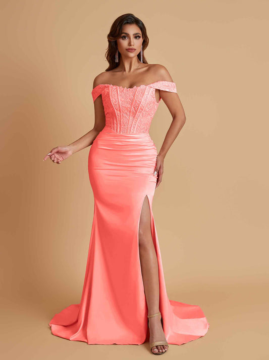 Elegant Soft Satin Mermaid Off Shoulder Side Slit Floor-Length Mermaid Bridesmaid Dresses