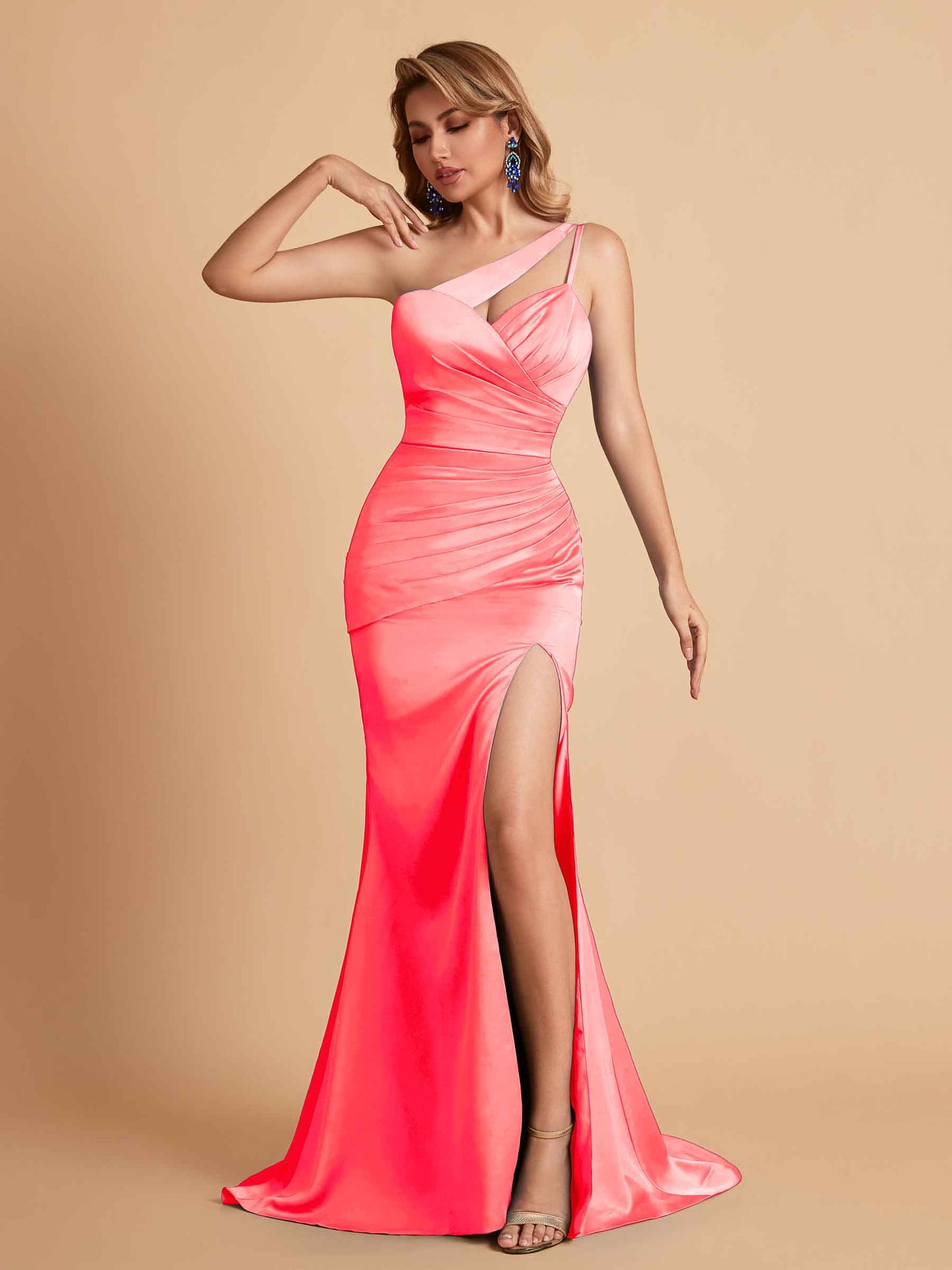 Elegant Satin One Shoulder Mermaid Side Slit Floor Length Bridesmaid Dresses