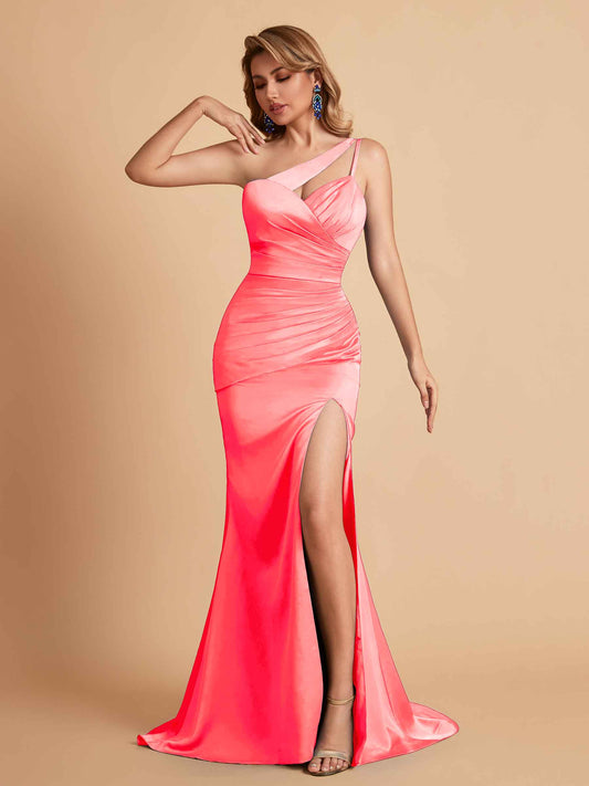 Elegant Satin One Shoulder Mermaid Side Slit Floor Length Bridesmaid Dresses