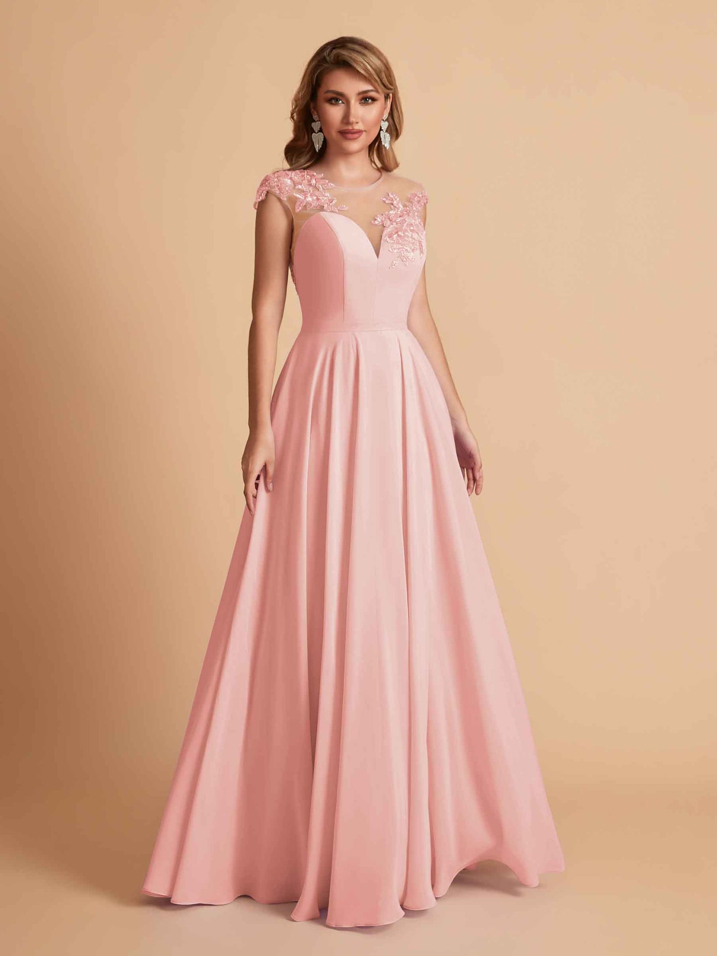 Chiffon Illusion Lace Top A-line Bridesmaid Dresses V-neck Floor Length Wedding Guest Dresses