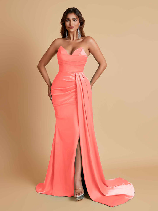 Gorgeous Strapless Soft Satin Side Slit Floor-Length Mermaid Bridesmaid Dresses