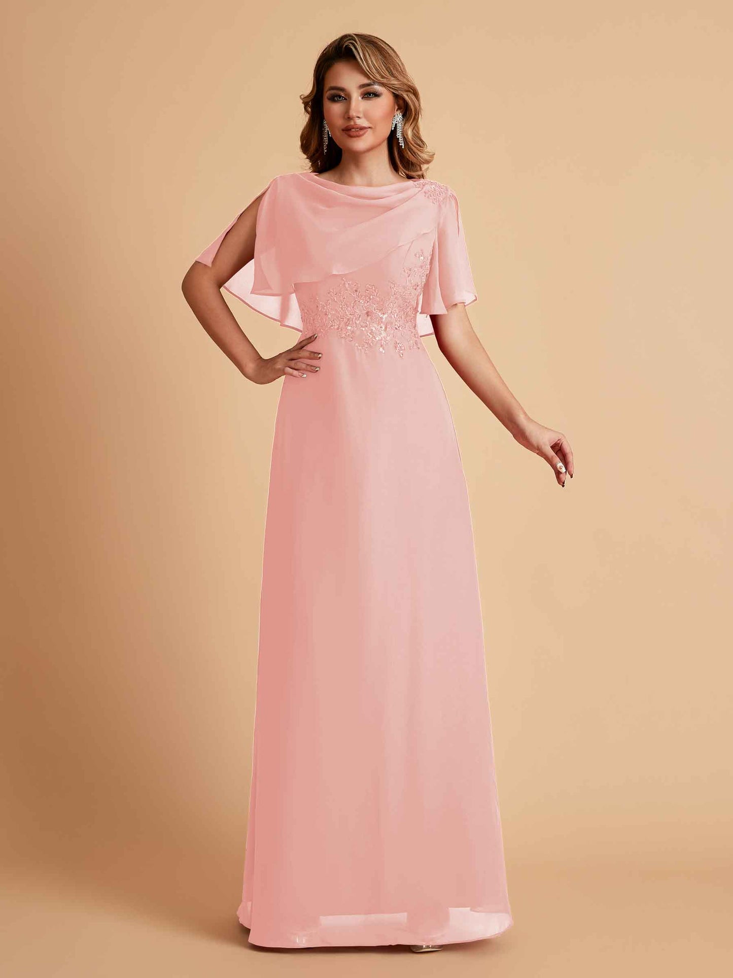 Elegant A-Line Chiffon Half Sleeves Jewel Mother of the Brides Dresses Online