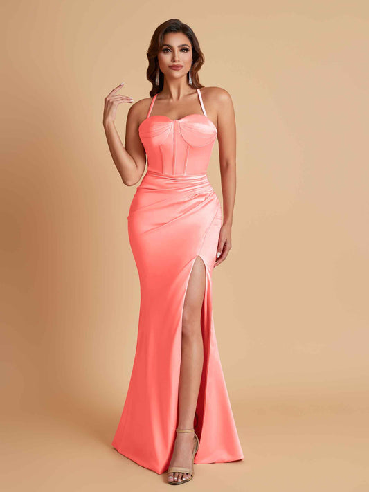 Sexy Soft Satin Mermaid Spaghetti Straps Side Slit Floor-Length Bridesmaid Dresses