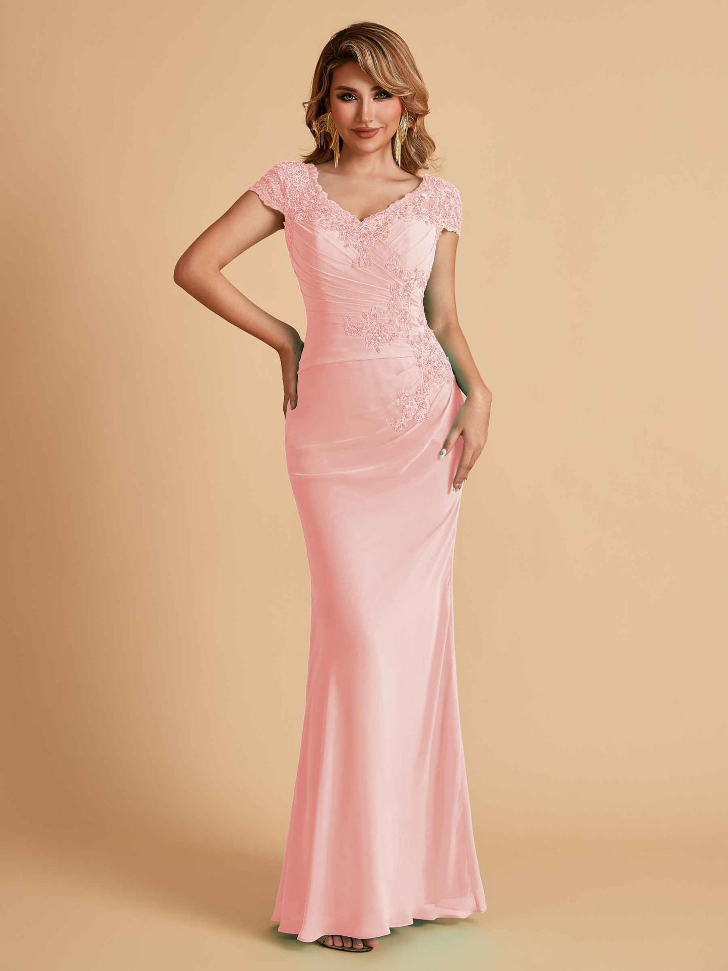 Elegant Mermaid Chiffon Cap Sleeves V-Neck Mother of the Brides Dresses Online