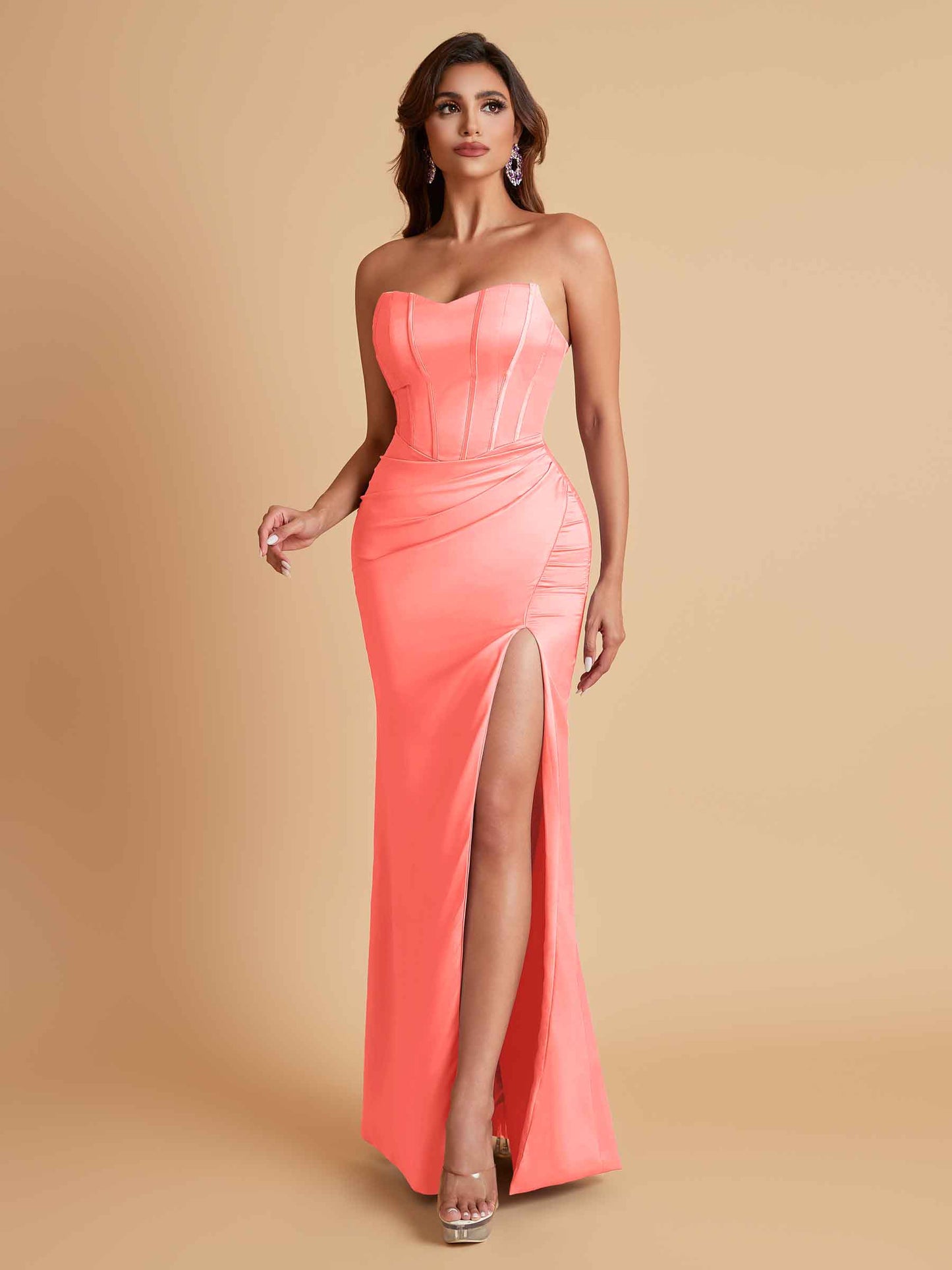 Sexy Strapless Soft Satin Side Slit Floor-Length Mermaid Bridesmaid Dresses