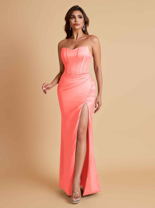Sexy Strapless Soft Satin Side Slit Floor-Length Mermaid Bridesmaid Dresses