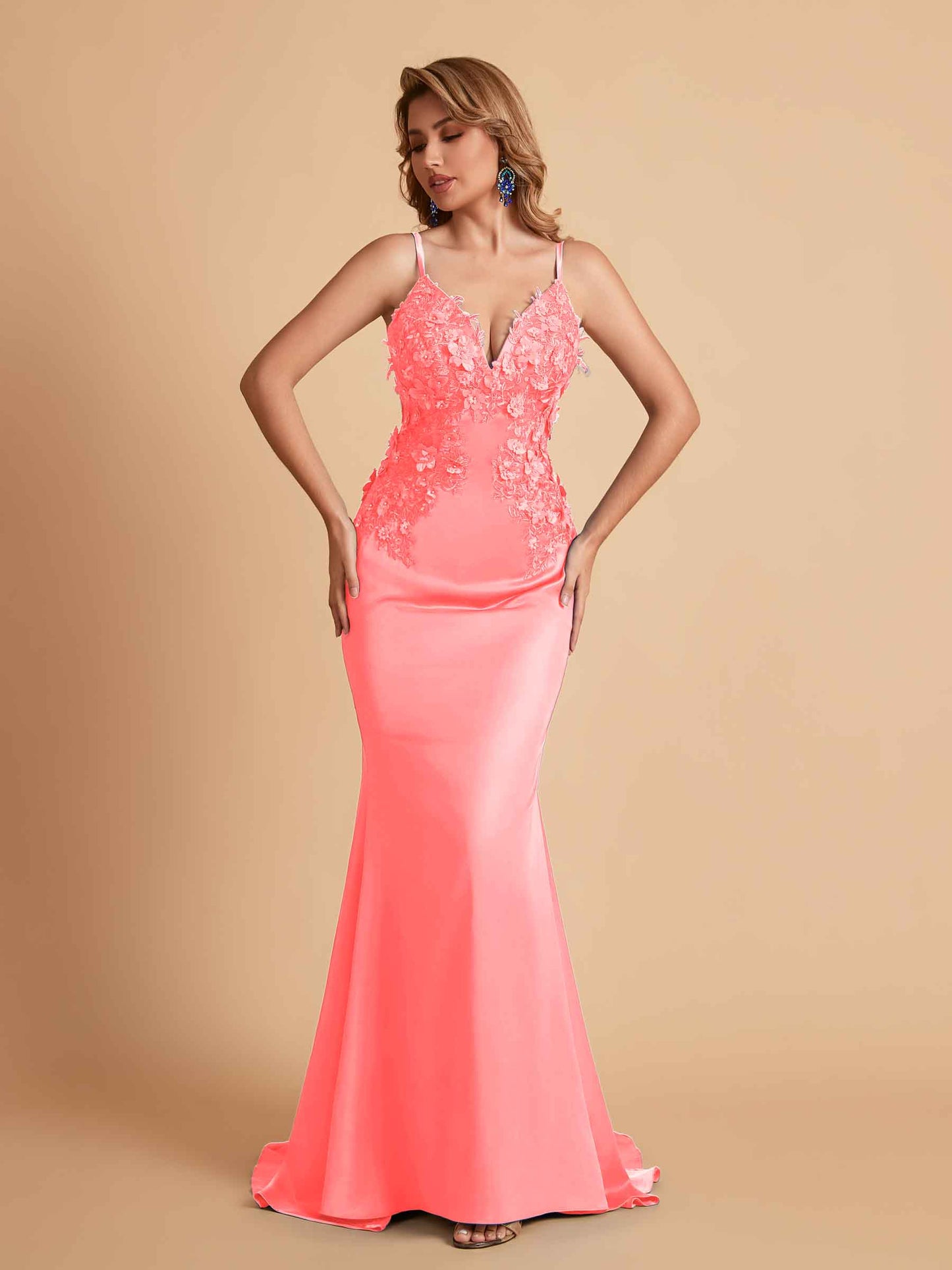 Sexy Satin Spaghetti Straps V-neck Mermaid Floor Length Applique Bridesmaid Dresses