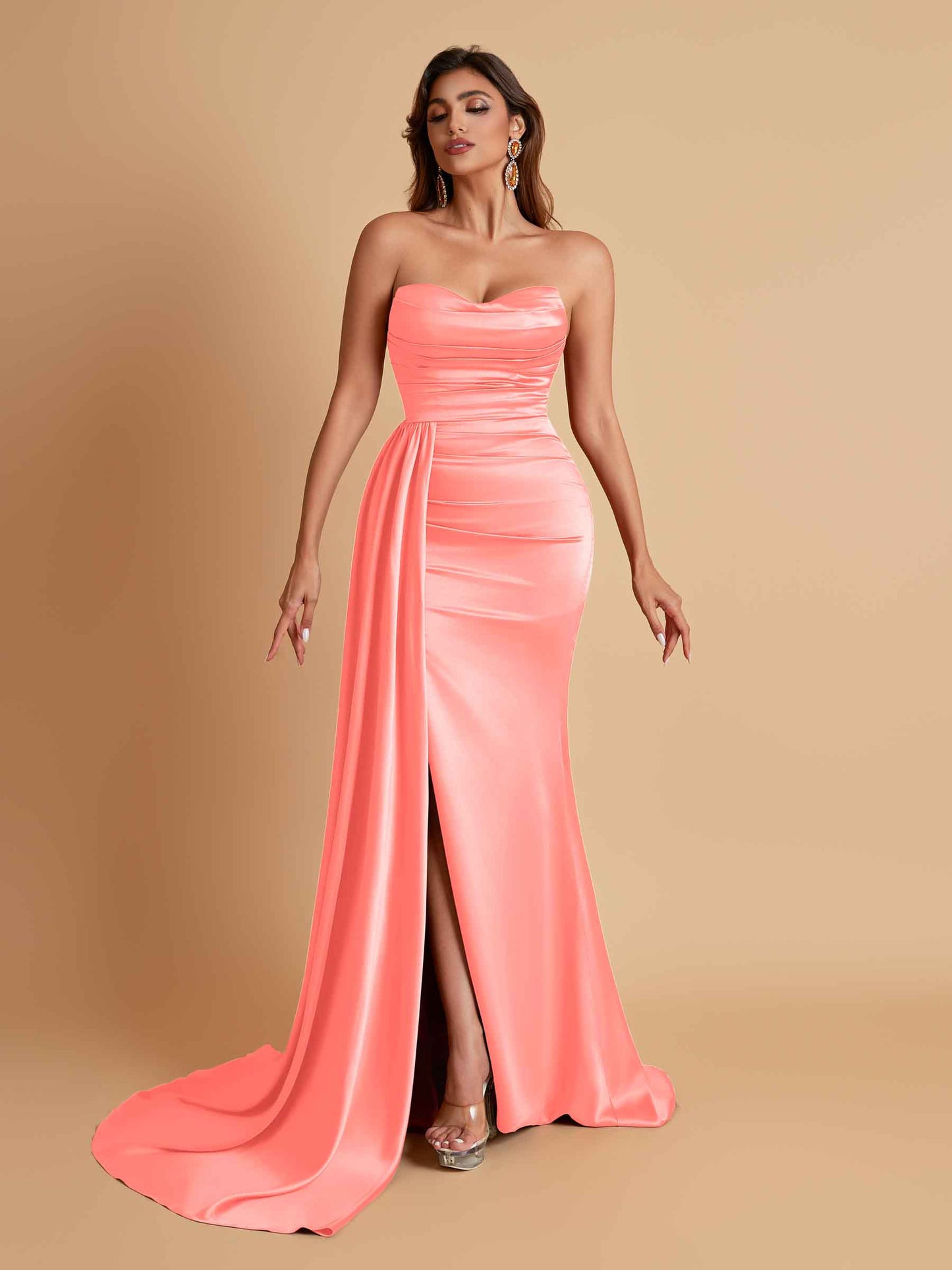 Elegant Soft Satin Sweetheart Strapless Side-Slit Mermaid Bridesmaid Dresses