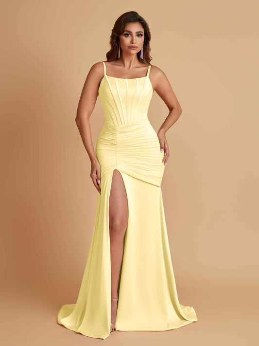 Sexy Soft Satin Mermaid Spaghetti Straps Side Slit Floor-Length Bridesmaid Dresses