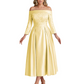 Off Shoulder Mother of the Bride Dress Tea-Length Satin Gown with Lace Applique