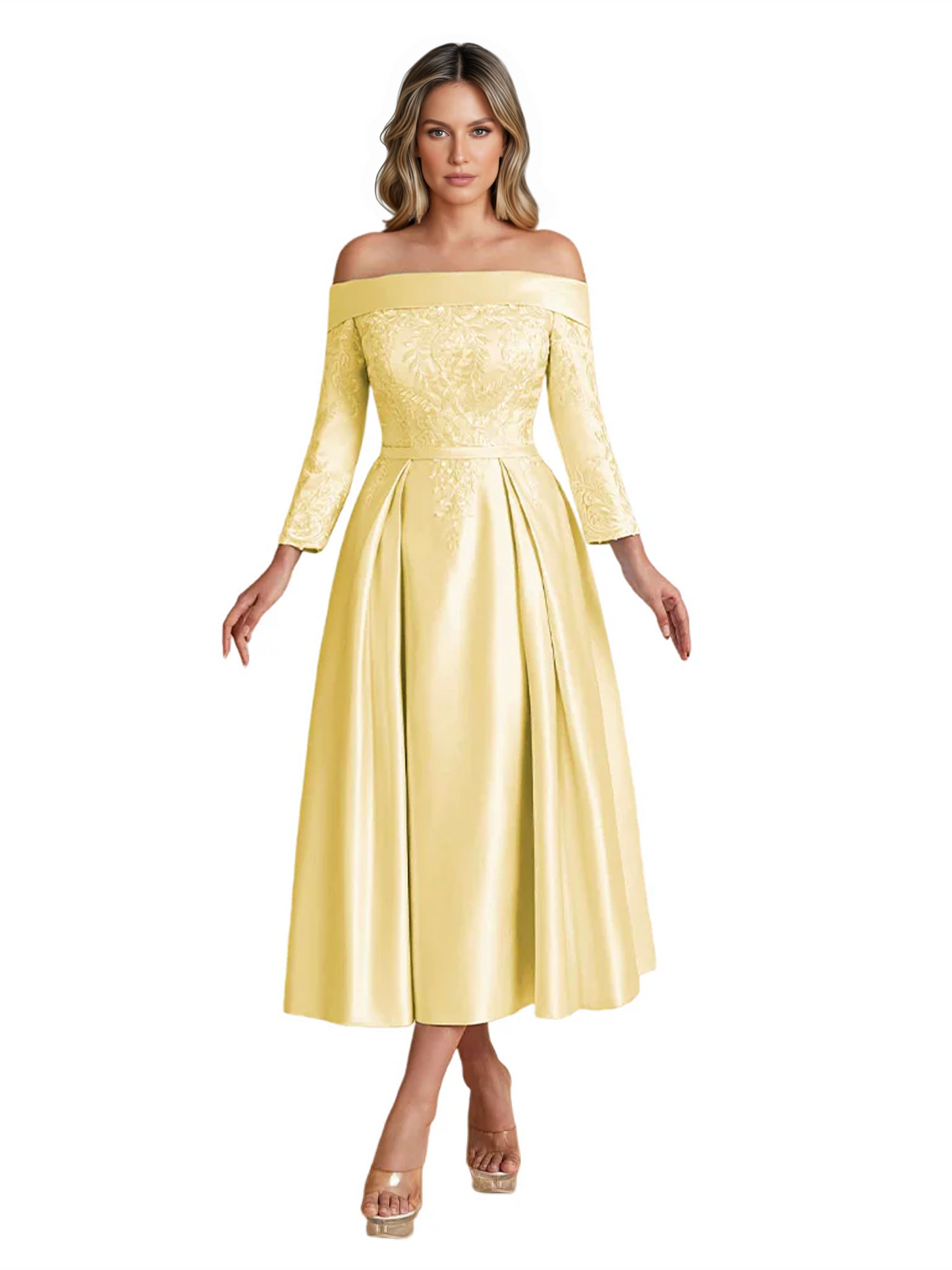 Off Shoulder Mother of the Bride Dress Tea-Length Satin Gown with Lace Applique