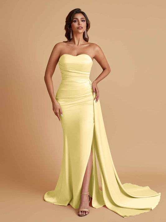 Simple Soft Satin Mermaid Strapless Floor-Length Mermaid Bridesmaid Dresses