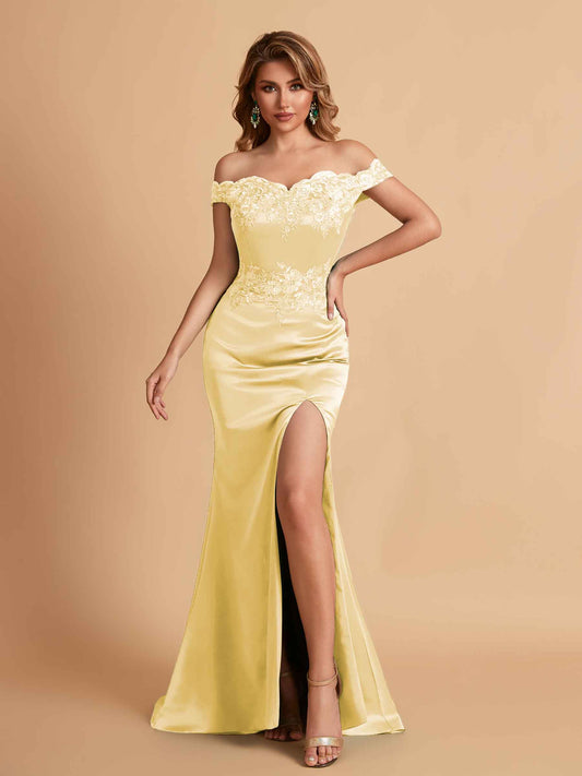 Elegant Satin Off Shoulder Mermaid Side Slit Floor Length Bridesmaid Dresses