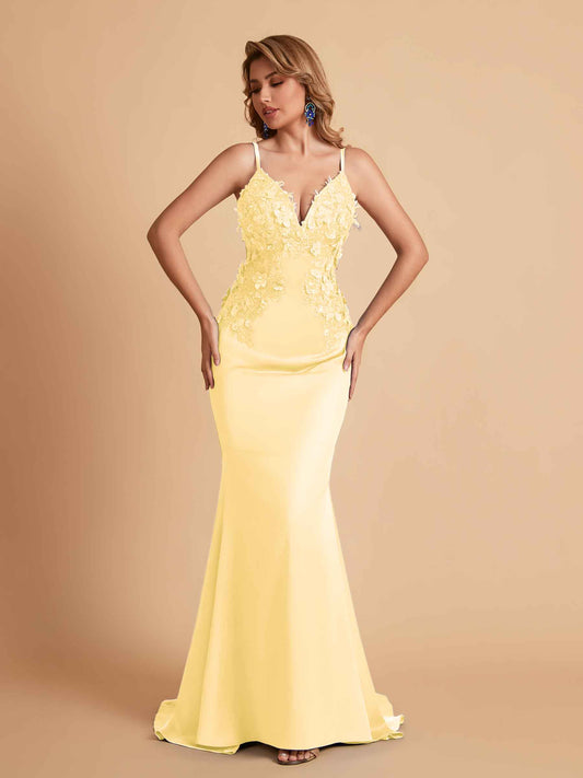 Sexy Satin Spaghetti Straps V-neck Mermaid Floor Length Applique Bridesmaid Dresses