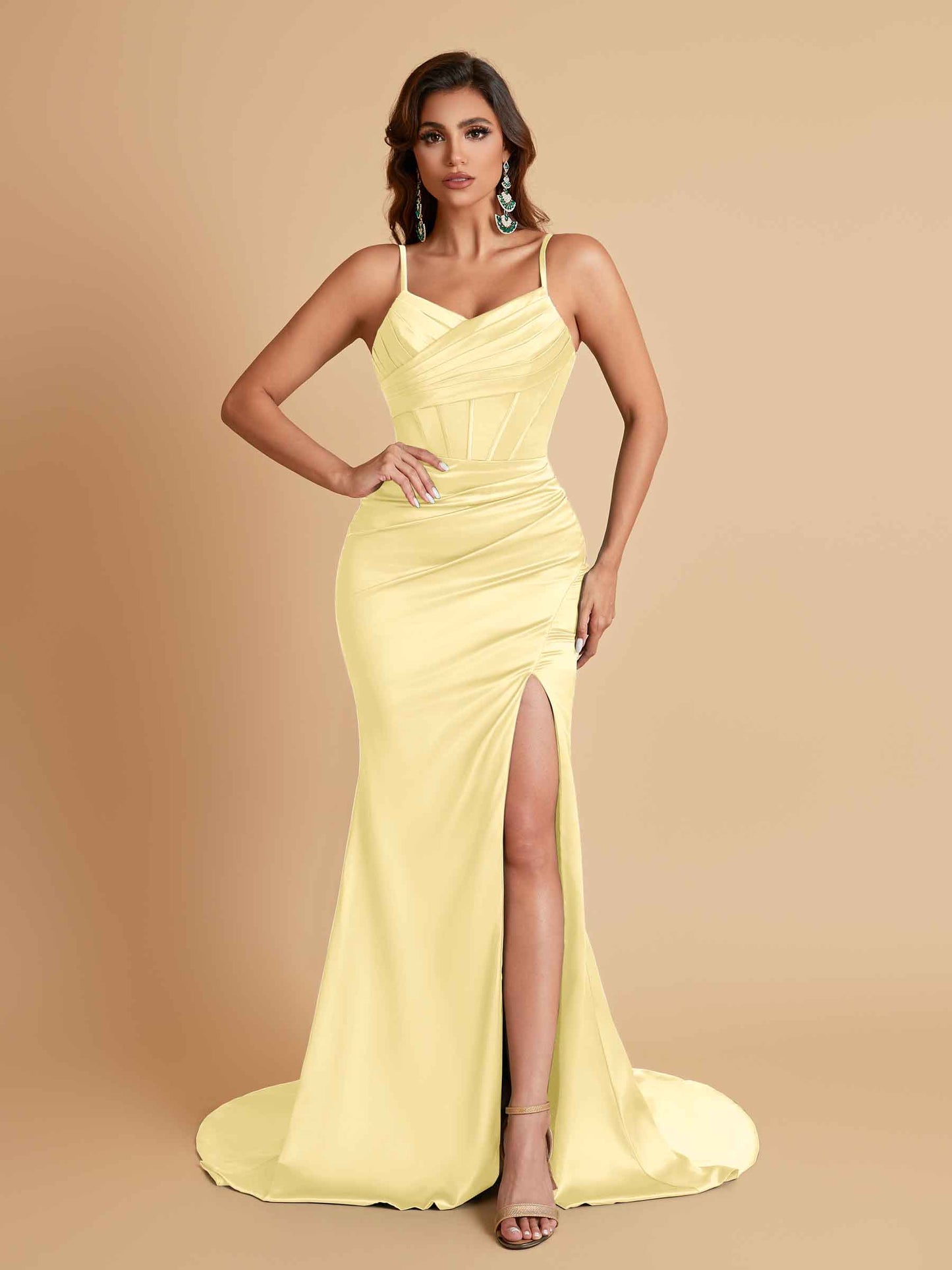 Sexy Spaghetti Straps V Neck Soft Satin Side Slit Floor-Length Mermaid Bridesmaid Dresses