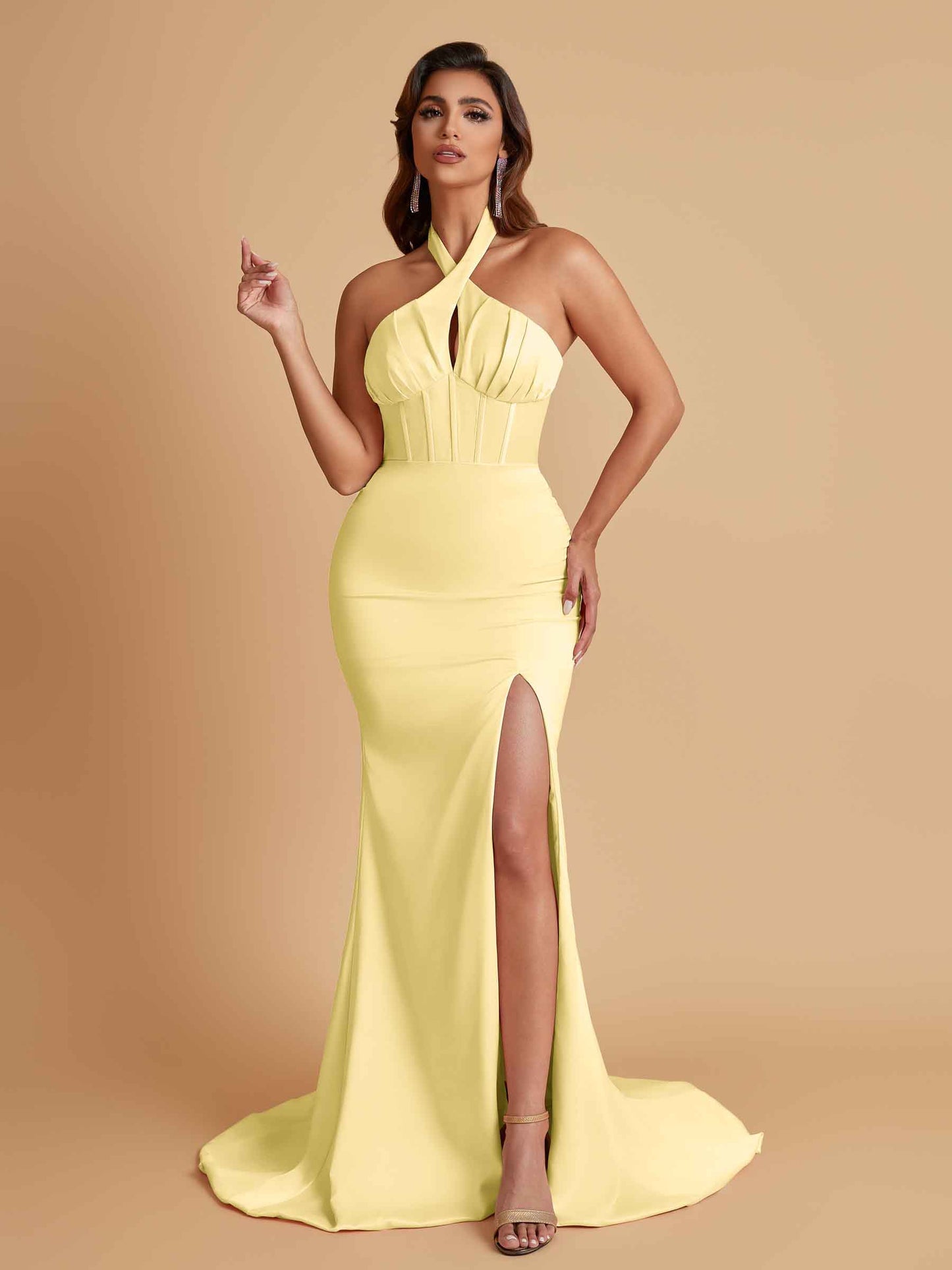 Elegant Soft Satin Mermaid Halter Side Slit Floor-Length Bridesmaid Dresses Online